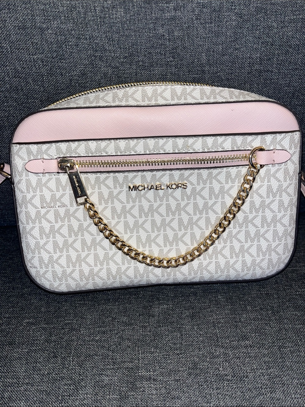 Michael Kors Pink and White Logo Crossbody with Gold Chain